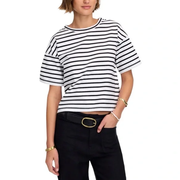 Madewell Everyday Boxy Crop Tee in White Black Stripe - Picture 2 of 9